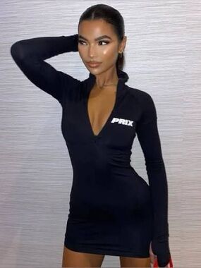 PRIX Black Long Sleeve Zip-Front Mini Dress